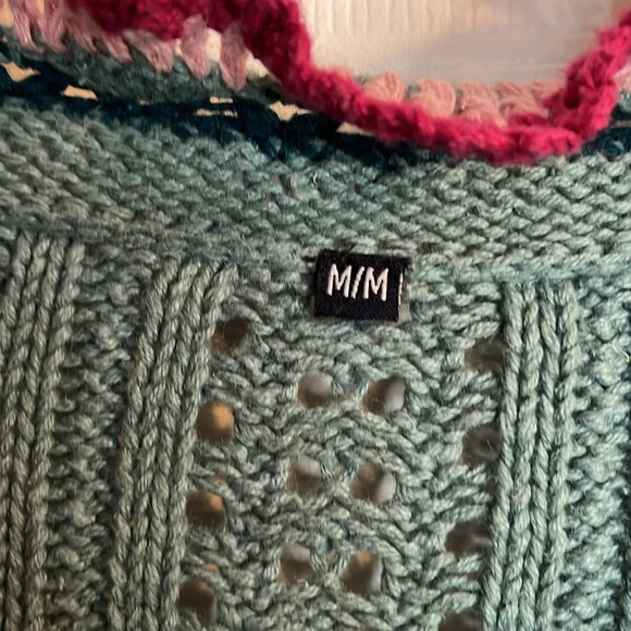 Vintage boho crochet cardigan Women's M teal blue linen blend - Picture 3 of 9